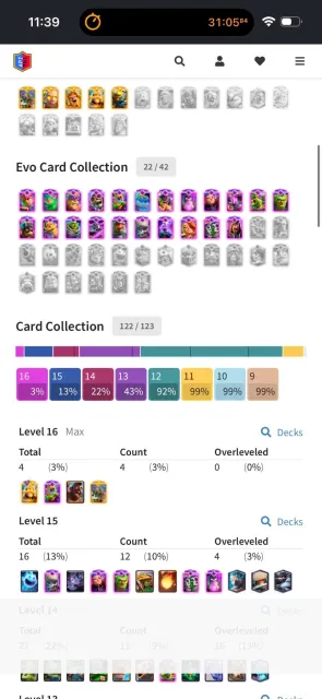 KT 16 | 22x evo | 5x hero | 4x lvl-16 & 16x lvl-15+ |, 29 арена, 55 уровень, 11800 кубков, 123 карт, Есть