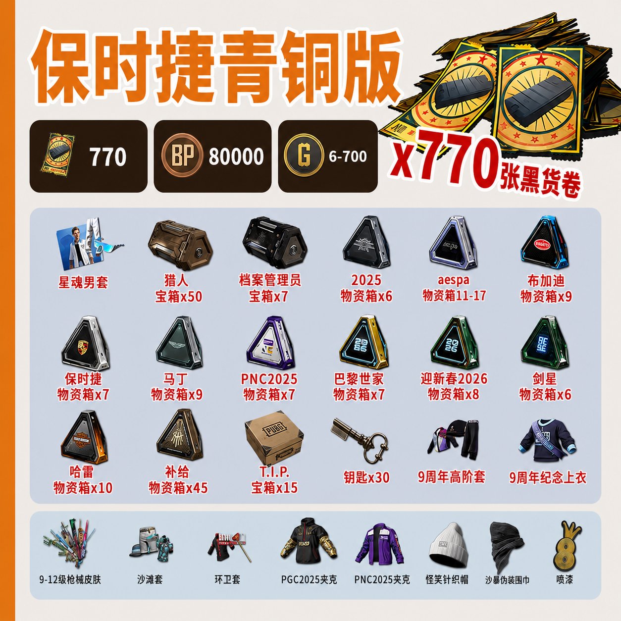 🎫 770 COUPONS 150 🎁+ CHESTS 🏅 80,000 BP 🗝️ 30 XINGHUN SET 💵 G-Coin keys 🧥: 6-700, No BATTLEGROUNDS Plus