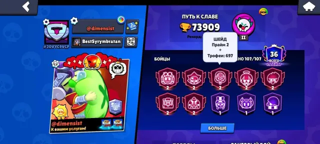 ❤️🌺BEST ACCOUNT, 73909 trophies, 107 brawlers