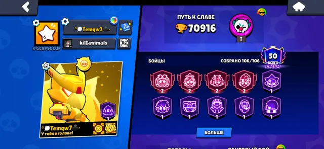 nom, 70916 trophies, 106 brawlers, 50 primes