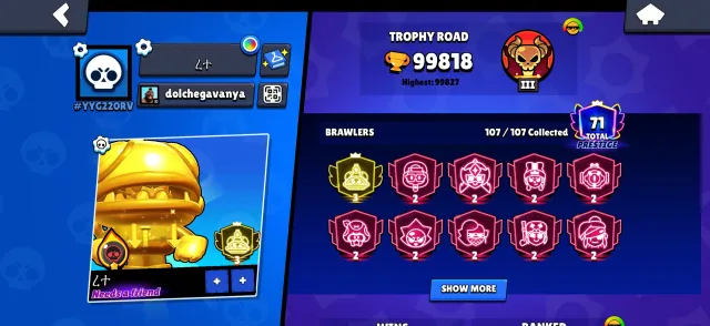 TOP RUSSIA on global, OLD MASTER in league and much more, 100000 trophies, 107 brawlers, 71 primes