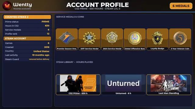 🔥 [CS2 PRIME] +6 RARE MEDALS: PREMIER S1 — 2016 | +1 GAME | FULL ACCESS #4DKTL5, Sale, Inventory empty, Has PRIME