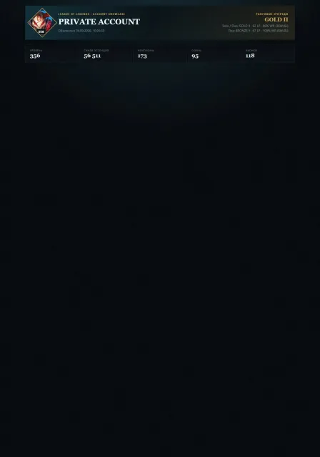 356 level: GOLD II, Flex BRONZE II, 173 champions, 95 skins, 56,511 blue essence., Sale, level 356, champions 170, skins 160, Gold