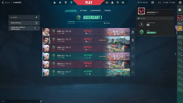 185RP | RANK-ASC1 | KD 1.3 | PICK-ASC 3 | Requires Riot Mobile, Sale, Bloom 1, Agents: 11, Skins: -1