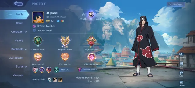 Itachi (Julian), Prime (Claude, Granger), Gaara (Valir), Collector (Alice, Natalia), KOF Karina, Sale, Rank: Mythical Immortal, Level: 56, Win Rate: 50%, Heroes: 102, Skins: 196