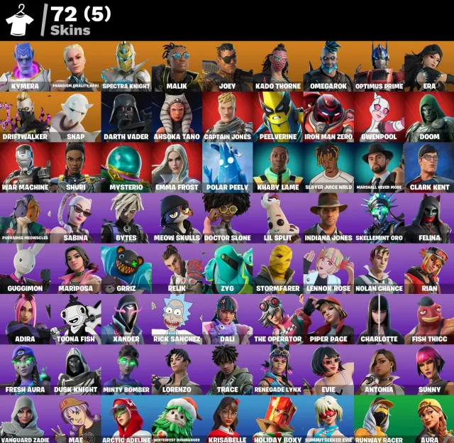 👕 72 skiny 🎮 2166 Poziom 💰 650 V-bucks 💰 Kymera | Paradigm (Reality-659) | Spectra Knight | Malik, Sprzedaż, skiny 72
