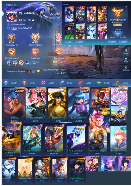 [SEA/GLOBAL] Ex-Immortal 132⭐| 427 Skins | 2x Hunter, Jujutsu, Ducati, Aspirants | WR 59% Full MAX, Sale, Rank: Mythic, Level: 55, Win Rate: 59%, Heroes: 131, Skins: 427