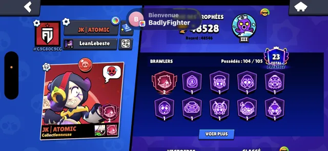 Trophies 48528 🏆 104 brawler unlocked 🔓 186 skin 23 prestige 1️⃣ 1 prestige 2️⃣, 48528 кубков, 104 бравлеров