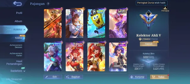 CHEAP 103 SKIN ➤ PHARSA COLLECTOR | FLORYN SANRIO | SPONGEBOB | MORE, Sale, Rank: Master, Level: 10, Winrate: 60%, Heroes: 50, Skins: 103