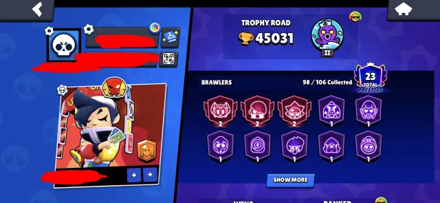 🏆45,000🏆⚔️27x11 POWER⚔️🎴UNO CHESTER🎴🏴☠️PIRATE COLT🏴☠️👹LEGENDARY LEAGUE👹🔄RELINK🔄, 45000 trophies, 98 brawlers