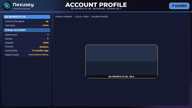 🚀 ⟦ EA SPORTS FC 26 ⟧ STEAM ✦ 56 HRS IN GAME ✦ 7 GAMES ✦ FULL ACCESS + EMAIL ✨ #3V60LM, PC, Sale, Standard Edition, Rating 1, Squad Value 1k, Coins on Balance 1k