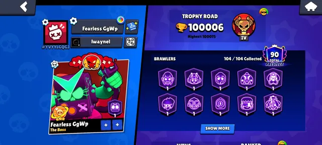 👑FAT+OLD👑🏆100k 103🥋 ❄️46 11 forces❄️SKINS🔥🔥🔥✉️Firstmail✉️, trophies 100000, brawlers 103, primes 90