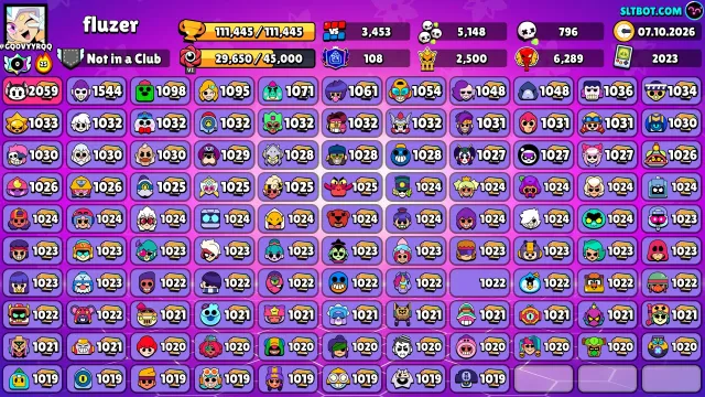 🏆111K🏆⭐️108PRIMES🟡44K Coins🟡💎84 Crystals💎✨28K BLINGS, 111445 trophies, 107 brawlers, 108 primes
