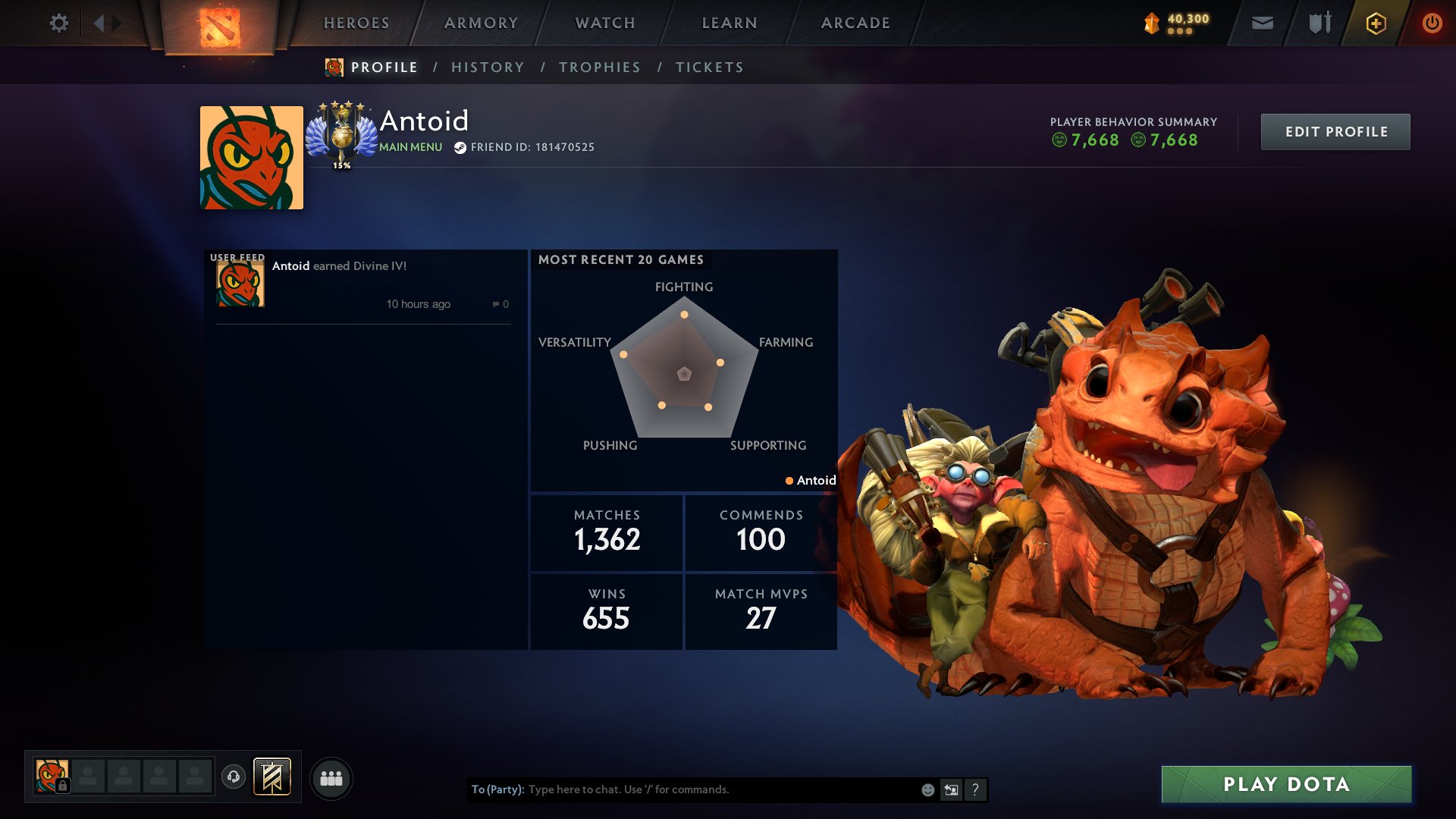 🎮 Immortal 🎯 Mainpool 🏆 50 Trophy 🕹️ Matches: 1427 🎫 Tokens: 2, Sale, 6363 MMR, 8286 Behavior score, 8286 вежливости, 1427 games, 1362 hours