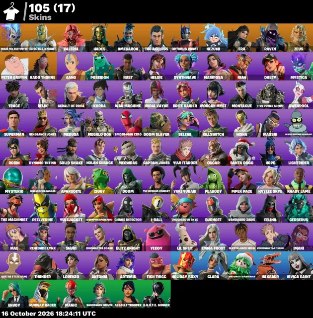 🌸105 skins · 17 paid ≈ 20,400 V-Bucks💎Spider-Man Zero💎Raven💎Optimus Prime💎✨ Full access, Sale, 105 skins