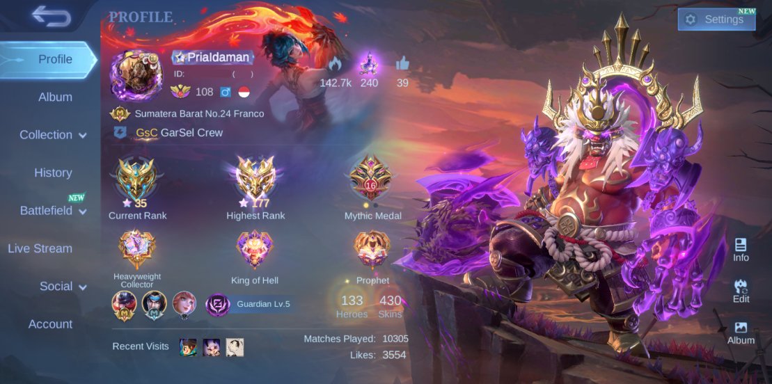 LEGEND FRANCO ✨ PRIME BEATRIX & GRANGER ✨ COLLECTOR BADANG ✨ 7 LUCKYBOX SKIN, Sale, Rank: Mythic, Level: 87, Winrate: 53%, Heroes: 133, Skins: 430
