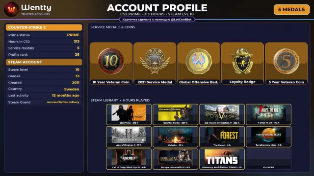 🔥 [CS2 PRIME] +5 RARE MEDALS: 10 YEARS · SERVICE 2021 — 2011 | +19 GAMES | FULL ACCESS #4EG8MH, Sale, Inventory empty, Has PRIME