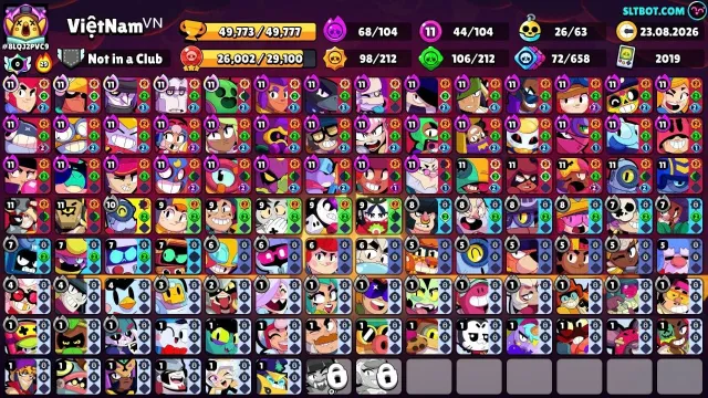 BS# 613➤ 104/105 Brawlers🌵 44 Max⚡68 Hypercharges🔥 26/63 Buffie🎖️ 49,773 Trophies🏆 237 Skins🎭, 49 кубков, 104 бравлеров
