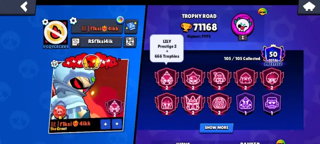 🤯ACCOUNT WITH 🥵II MARS GLORY AND LEGENDARY LEAGUE🥵pin matcharino🤯, 71400 trophies, 105 brawlers, 50 primes