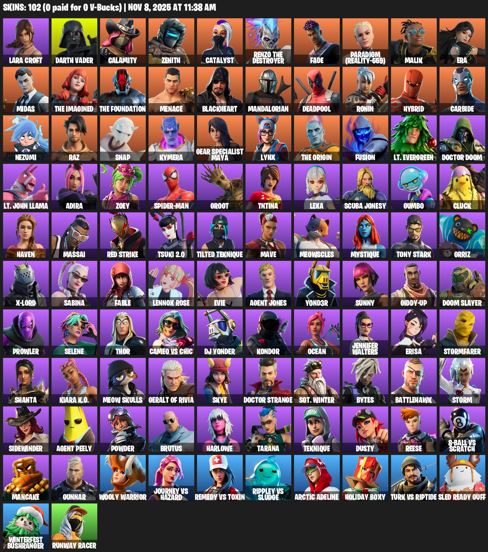 🌸102 SKINS💎Lara Croft💎 Orange Justice💎Orange Justice💎Carbide💎Otlega💎✨ Full access✨, Sale, skins 102