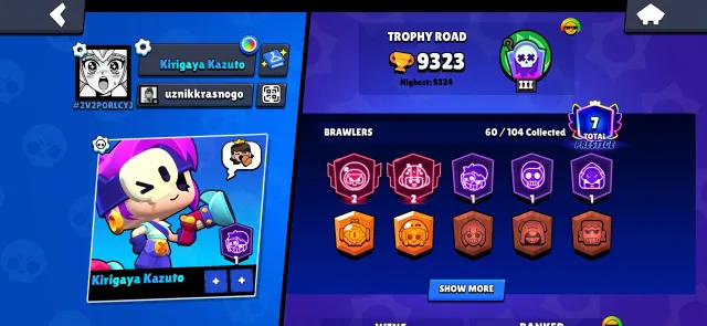 3 non-active brawl pass| 3 mythic in ranked| 3 bp+ | 10+ 11 power, trophies 9500, brawlers 69, primes 7
