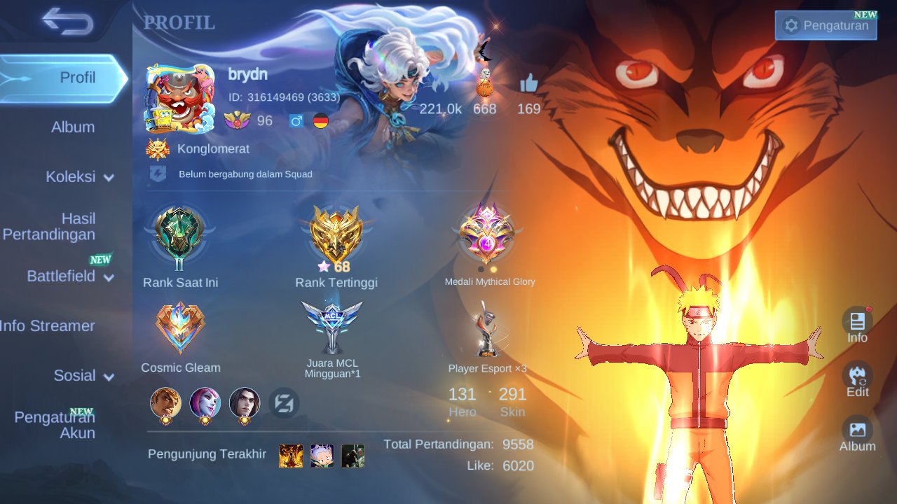 Global|Hero 131|Skin 291|Legend GS|Asp Layla|Naruto Lukas|LucBox Chou,Guin|check ss ML1375B, Sale, Rank: Epic, Level: 96, Winrate: 50%, Heroes: 131, Skins: 291