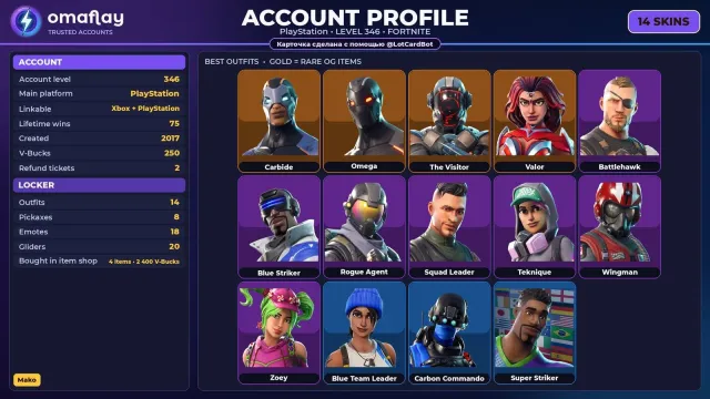 ⚡ FORTNITE ⚡ Mako, Ride The Pony, Carbon Commando • 14 skins • 346 lvl • 250 V-Bucks, Sale, skins 14