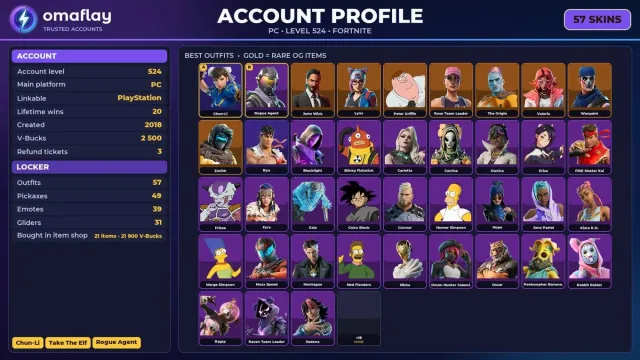 🔥 【FORTNITE】 💚 OG STW, Chun-Li, Take The Elf, Rogue Agent 💚 57 skins | 524 lvl | 2500 V-Bucks, Vente, skins 57