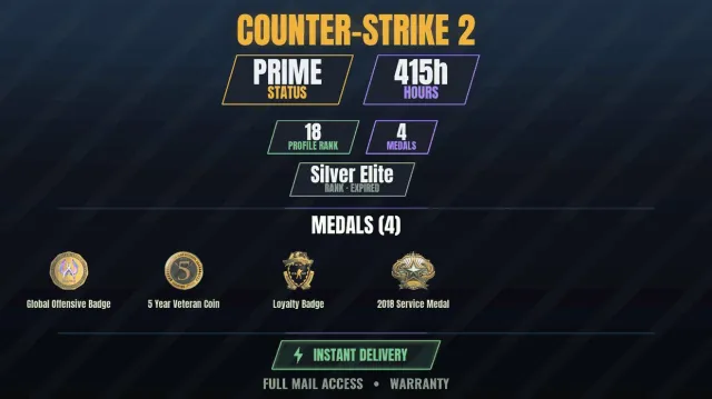 CS2 Prime🎮415h💠4 medals Medal for Service 2018, Loyalty Badge, 5 Year Veteran Coin, Global, Sale, With inventory, Has PRIME