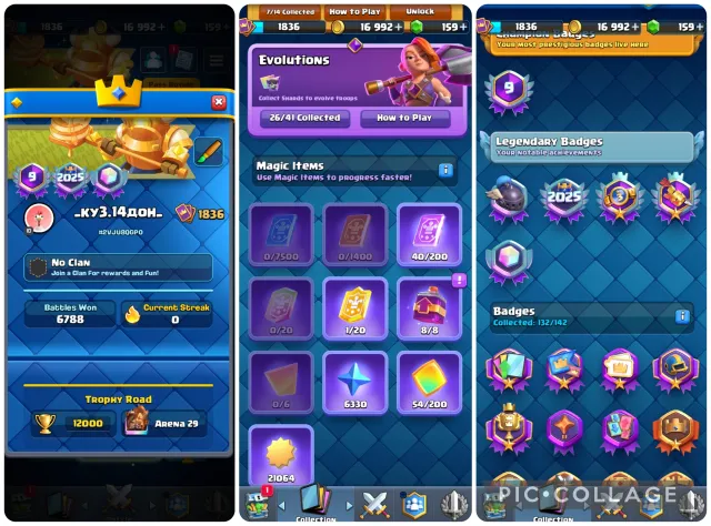 🏆12000🏆🔮26 EVO + 7 HEROES🔮❤️🔥191 EM + MIMI-MIMI❤️🔥🎴DECKS 15-16 LVL🎴🏅17 SKINS🏅, 29 arena, 1836 level, 12000 trophies, 121 cards, 21 leg, No