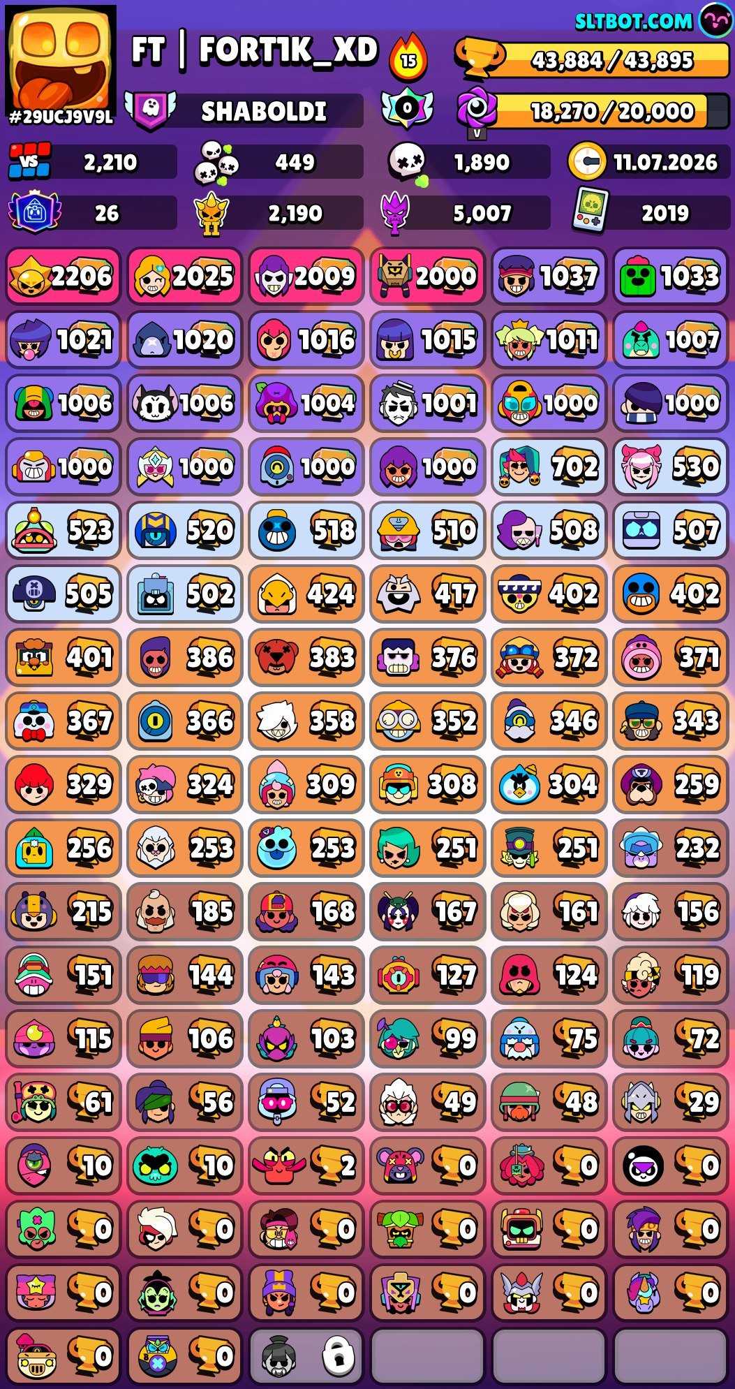 Brawl Stars account from 2019, trophies 43884, brawlers 104, primes 26