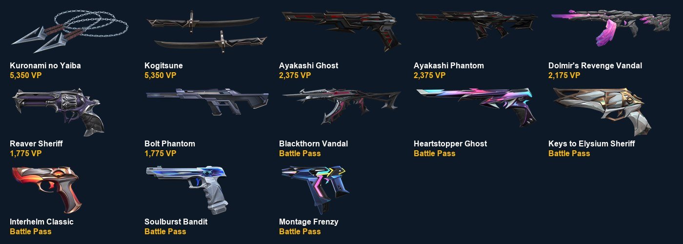 VA4364 EU EU | 20k VP | Kuronami no Yaiba+Kogitsune+Ayakashi Phantom+Dolmir's Revenge Vandal, Sale, Ranked unlocked, Agents: 24, Skins: 13