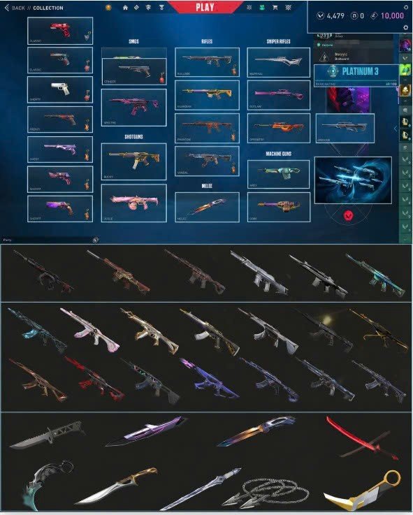 🌏🎮 APAC 🥈 Platinum 3 💰 10,000 VP 💎 Premium Skins 🔪 Exclusive Melee Collection, Sale, Platinum 3, Agents: 20, Skins: 40