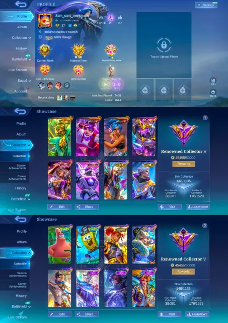 KOF Guinevere, Prime Granger, Luckybox Saber Alice Uranus, Patrick, Champion, Max Emblem, Global 🔥, Sale, Rank: Mythic, Level: 67, Winrate: 50%, Heroes: 94, Skins: 148
