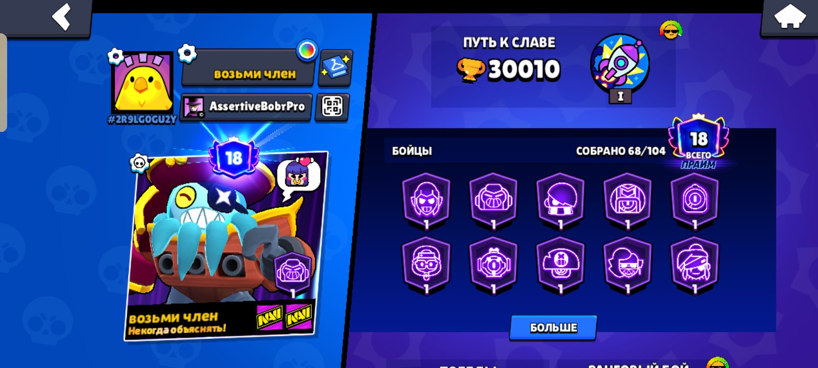 Fudjsdnsksmsnnsnsnsmenendnndndnndndndn, trophies 30000, brawlers 68, primes 18