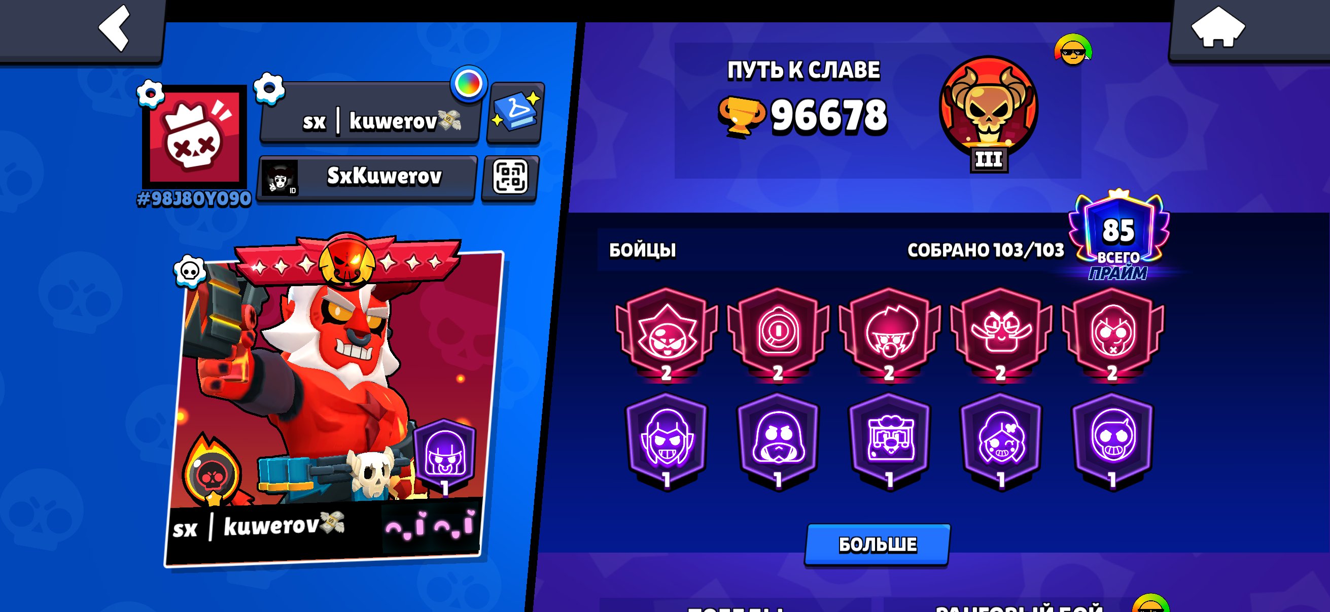 Top account of 2019, pumping, skins📌, trophies 96700, brawlers 104, primes 85