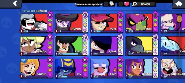 Donator account in BS, 70422 trophies, 107 brawlers, 53 primes