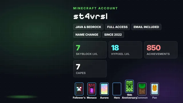 🌱 SkyBlock 7 level 🦸 Cloaks (7): Follower's, Menace, Aurora, Hero ✅ Java & Bedrock & full access, Sale, All account data