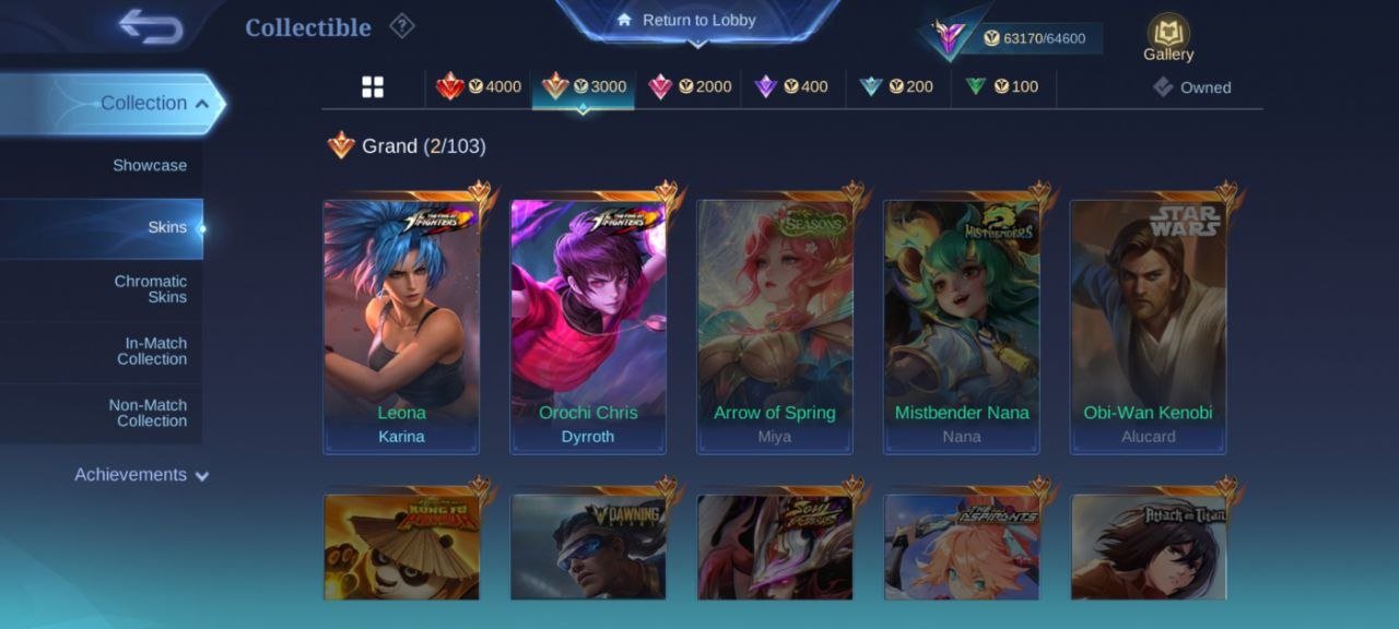 KOF Dyrroth + Karina🌈Lucky Alucard + Kimmy⭐Star Lesley💎36 Deluxe👻Immortal🎯2 Epic Recall📈Max Emblem, Sale, Rank: Mythic, Level: 75, Winrate: 50%, Heroes: 111, Skins: 238