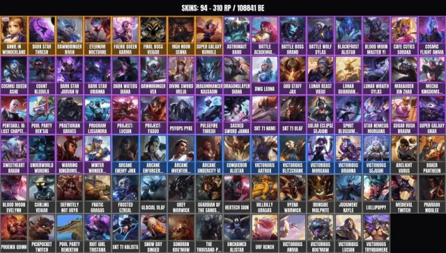 94 skins 🎮 172 champions 💠 108.8K BE💠Annie Red Riding Hood💠Cowboy Senna💠Fairy Queen Karma💠Dark, Sale, level 263, champions 172, skins 94, No rank