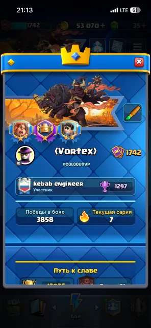 Good and fat account🌟, 31 arena, 1742 level, 13036 trophies, 123 cards, No