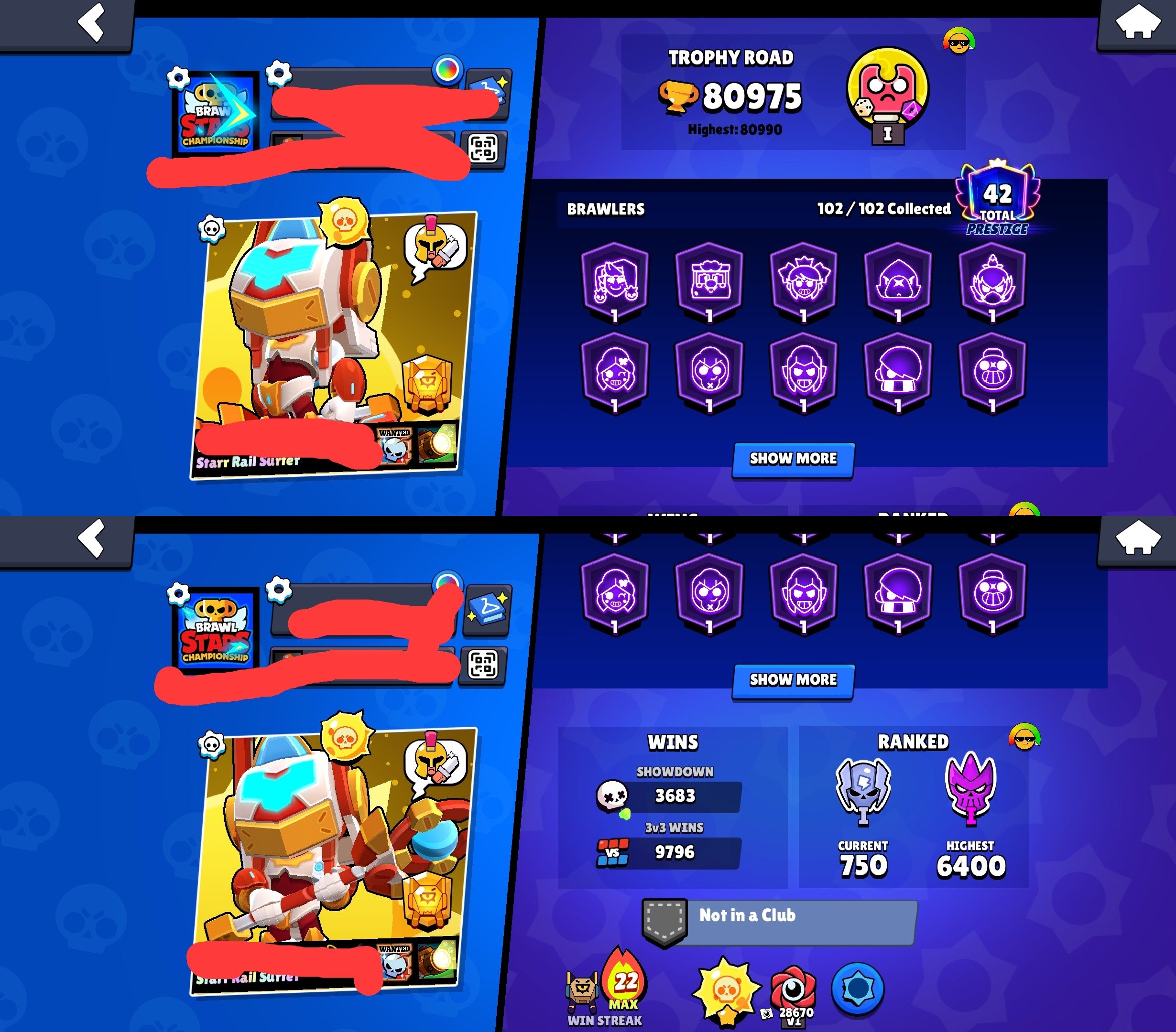 🏆𝟴𝟭𝐊🏆【🎫𝟮𝟳 BP SKINS🎫】👤1О2/1О2👤𝟯𝟳𝟬 SKINS~39k💎❰𝟳𝟵 11-x POWER❱📹VIDEO📹, trophies 81000, brawlers 102, primes 42