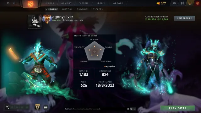 Titan 6240 MMR | Arcana Juggernaut · PA | Persönlichkeit Mirana | 1183 Spiele | 11K Ehrlichkeit | Mainpool, Verkauf, 6240 MMR, 11564 Ehrlichkeit, 10936 Höflichkeit, 1183 Spiele, 1099 Stunden
