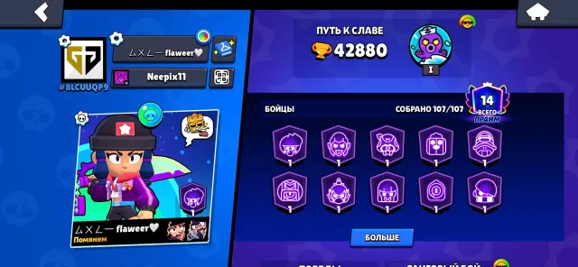 Account for twink or main, 42880 trophies, 107 brawlers, 14 primes