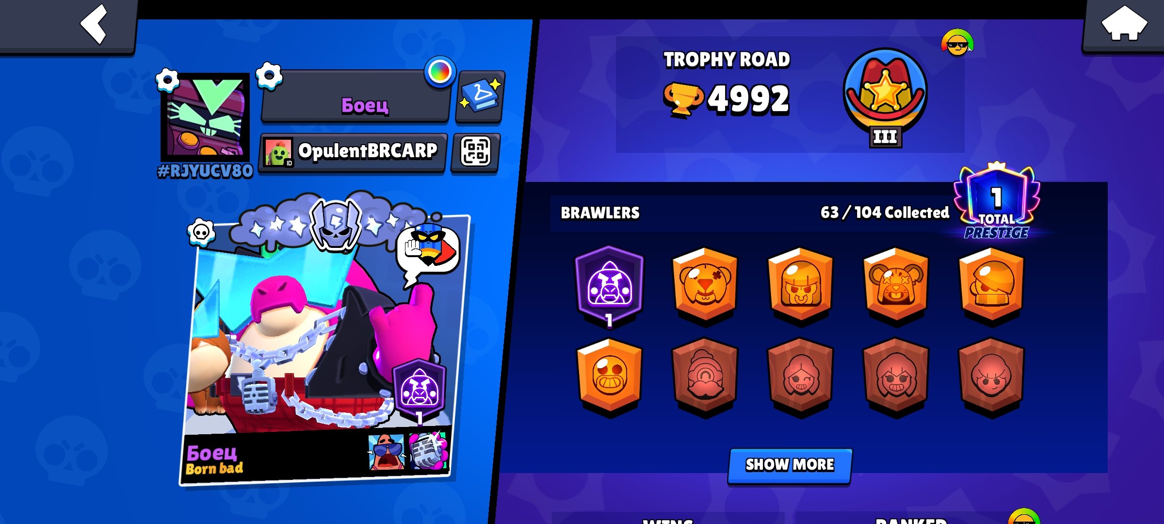 Top account with bad bazz, trophies 5000, brawlers 63, primes 1