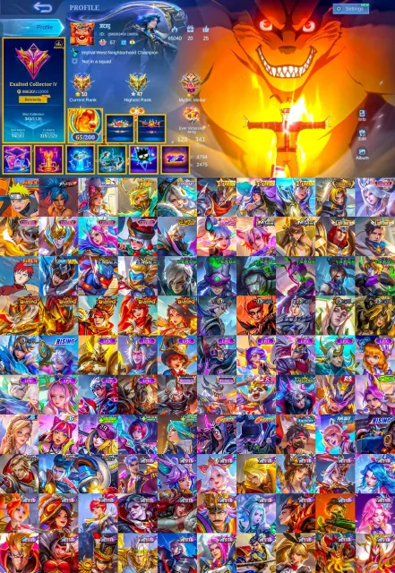 Max Emblems, Naruto Lucas, KOF, Prime, Covenant, Lucky Box, Global 🔥, Sale, Rank: Mythic, Level: 97, Win Rate: 50%, Heroes: 123, Skins: 341