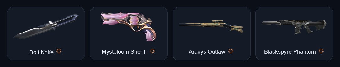 【 Bolt Knife 】【 Prime Vandal 】【 Blackspyre Phantom 】【 Araxys Outlaw / Mystbloom Sheriff 】, Sale, Ranked unlocked, Agents: 4, Skins: 13
