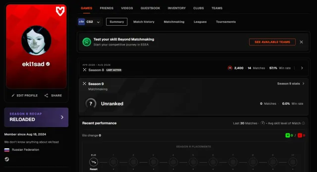 Верифікація пройдена, 2400 ELO, рідний акаунт, повна переприв'язка, 1050 матчів, Продаж, З інвентарем, Немає PRIME, FACEIT, 2400 ELO, Зареєстровано: Так