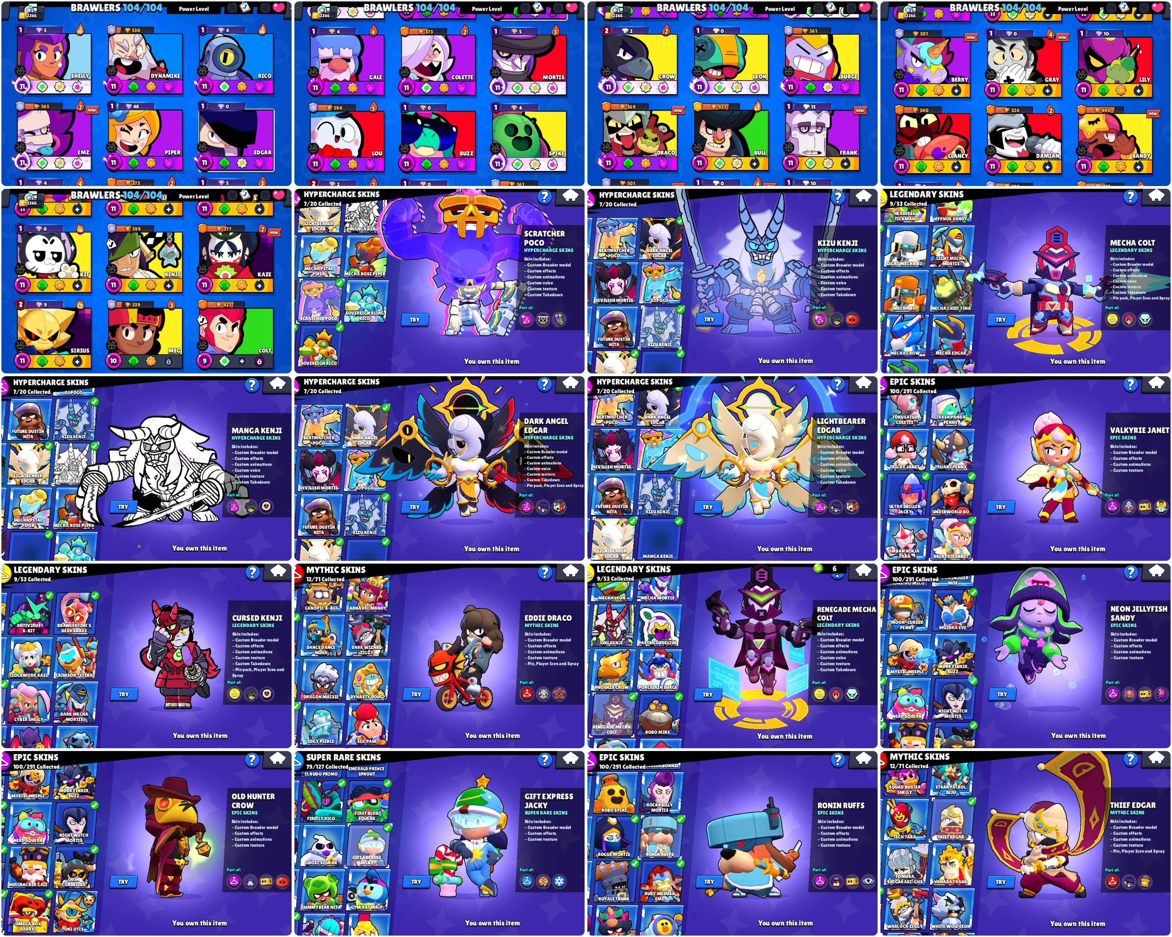 52k CUPS | 104 BRAWLERS | 7 HYPERCHARGED SKINS | SEE SCREENSHOTS | VERY NICE ACC, trophies 52200, brawlers 104, primes 21