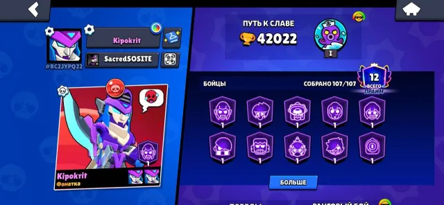 🏆42K👾107/107⭐16 11 POWER⚡7 HYPERCHARGE SKINS 🔮22 MYTHIC SKINS👑7 LEGENDARY SKINS🤖, 42022 trophies, 107 brawlers, 12 primes